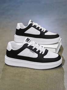 2025 Autumn Men's Black & White Solid Color Sneakers, Casual Sporty Breathable Leather & Mesh Lace-Up Outdoor Shoes For Back To School