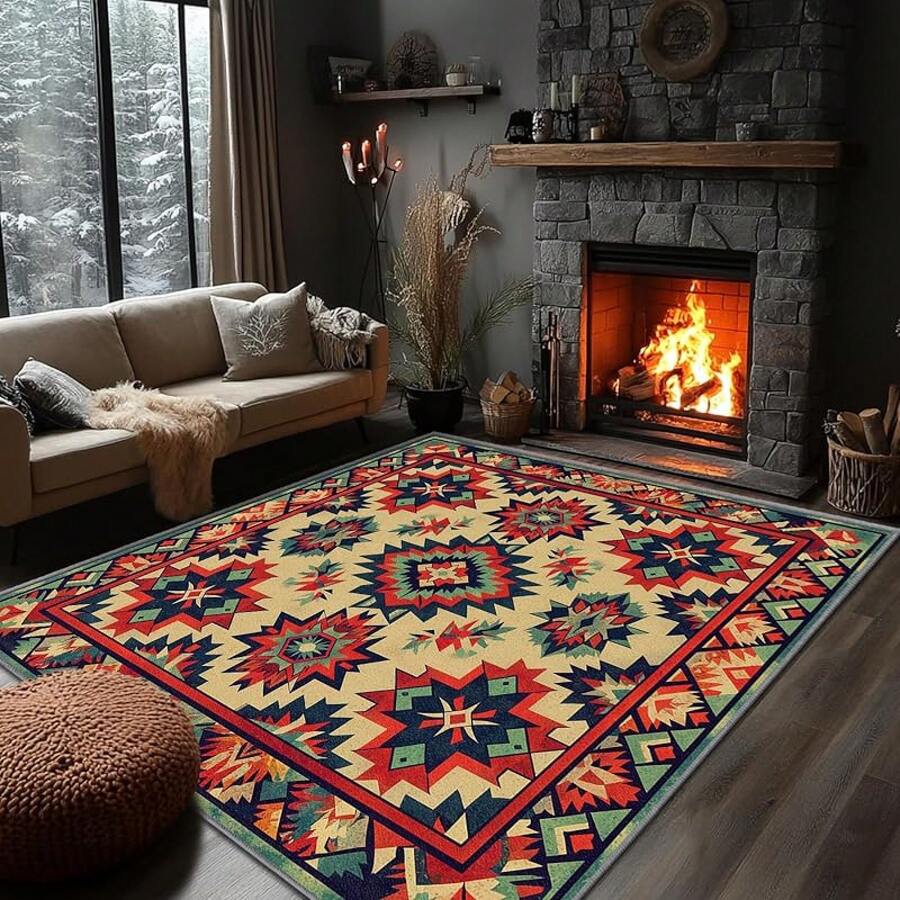 3x5 Rugs, 2x3 Rug, Southwestern Rustic Area Rug, Colorful Geometric Door, Washable & Non - Slip Small Carpet, Home Decor - Đỏ Nâu Xanh - Xem 1