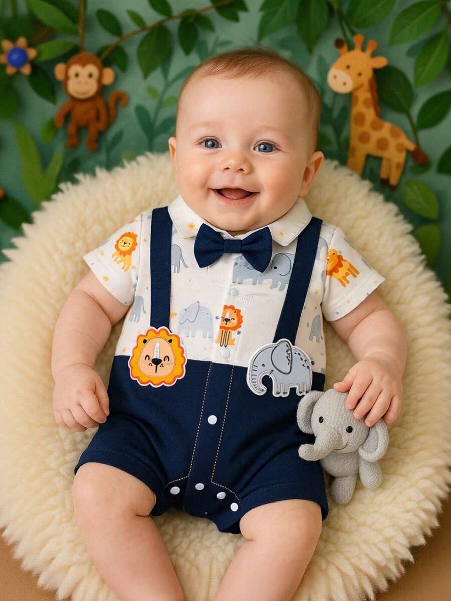 男宝宝夏季短袖可爱狮子和大象绅士领连体衣 - 藍色 - 查看 1