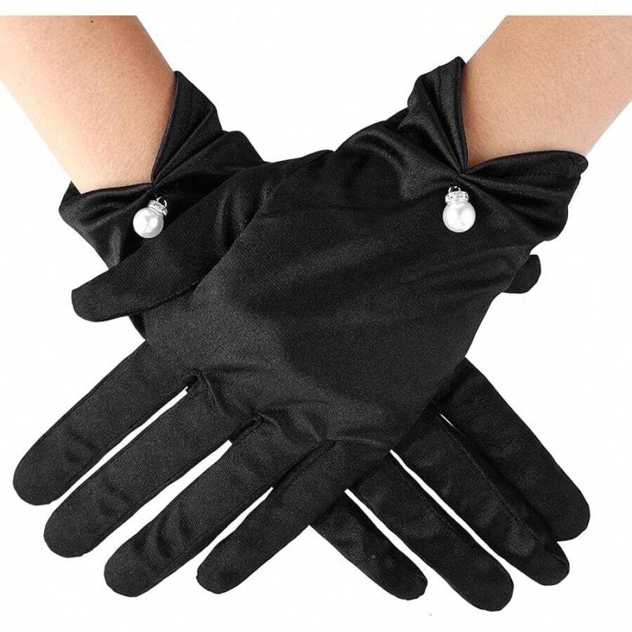 Short Satin Gloves Women Wrist Length Pearl Bridal Wedding Gloves Opera Uniform Banquet Tea Party Tuxedo Dress 1920s - 黑色 - 查看 1
