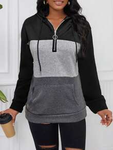 感恩节新年冬季外套圣诞派对新年造型抽绳撞色半拉链卫衣休闲黑色春季 - 黑色 - 查看 2