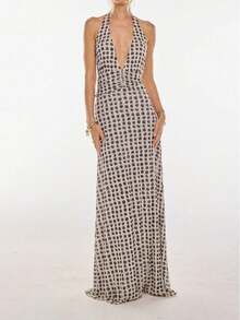 New Women's Fashion Sexy Backless Bodycon Printed Halter Dress - 黑色 - 查看 1