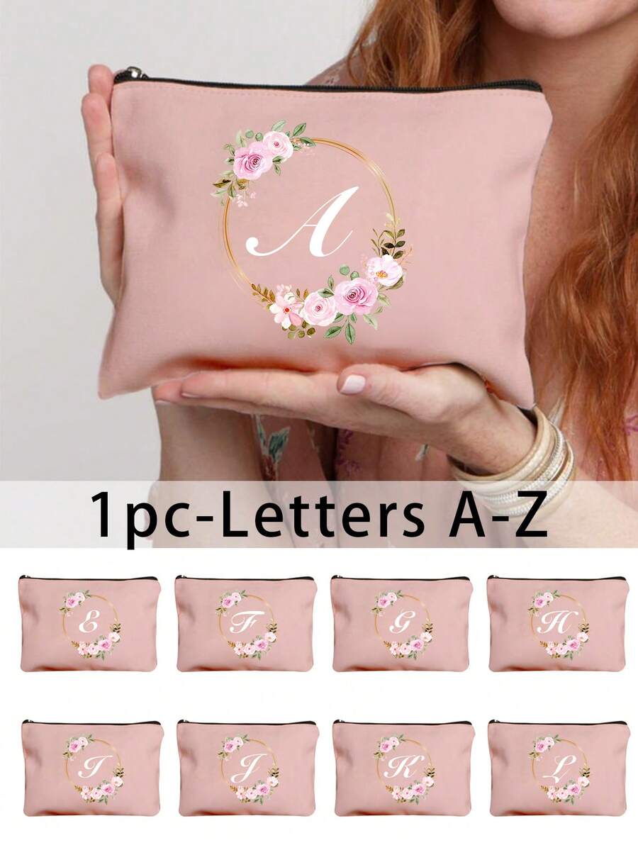 Geantă de machiaj portabilă cu inițiale imprimate și model de coroane florale, geantă mică portabilă, potrivită pentru cadouri, ambalaj mic de călătorie, geantă de depozitare ușoară, geantă de călătorie cu fermoar - perfectă pentru călătorii și petreceri de vacanță, geantă de machiaj de sărbători - cadou perfect pentru prieteni, familie sau pentru sine - geantă de călătorie, potrivită atât pentru bărbați, cât și pentru femei, organizator de machiaj esențial pentru călătorie, geantă de călătorie pentru femei
