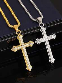 1 件简约水钻不锈钢十字架项链，百搭高端毛衣链，全冰花十字架吊坠项链，欧美日常佩戴 - 彩色 - 查看 4