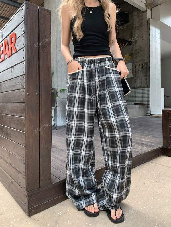 Slimming Gray & Blue Plaid Casual Pants, Versatile Patchwork Waistband Drawstring Wide Leg Loose Straight Trousers