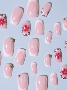 提升您的风格，24 件长方形指甲花朵图案豹纹白色法式指甲尖按压指甲中等贴合完美亚克力假指甲套装，包含：1 件果冻胶和 1 件指甲锉，秋季指甲，适合女士和女孩日常生活和派对使用指甲用品指甲 - 彩色 - 查看 3