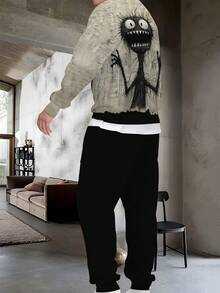Conjunto de sudadera y pantalón de chándal con estampado de dibujos animados para hombre, look casual y deportivo de moda para otoño - Multicolor - Ver 2