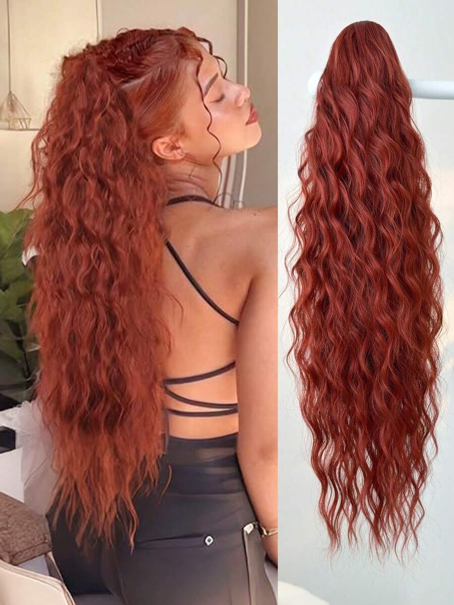 爪形马尾辫延长件 橙色 26 英寸长 天然水波耐热纤维合成马尾辫假发 适合女孩女士日常使用 - 臟橘色 - 查看 1