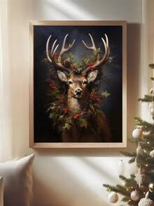 1pc Vintage Christmas Majestic Reindeer With Christmas Wreath Crown Canvas Poster Wall Art Christmas Ornaments Reindeer Art Poster, Christmas Wall Art, Bedroom Decor, Living Room Decor, Office Decor, Dining Room Wall Decoration, Kitchen Decor, Study Room, Corridor, Dormitory Decoration, Bathroom Decor,Ideal Gift For Friends, Wall Arts, Wall Decor, Home Decor, Room Decor, Canvas Wall Art, Posters, Wall Art With Frame, Optional Frame Christmas Decorations