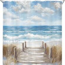 Beach Shower Curtain Blue Ocean Coastal Beachy Sea Oil Painting Seaside Summer Waves Modern Hawaii Landscape Scenery Bathroom Decor Fabric Polyester Waterproof 12 Pack Hooks  - 36x72inch, 48x72inch, 60x72inch, 66x72inch