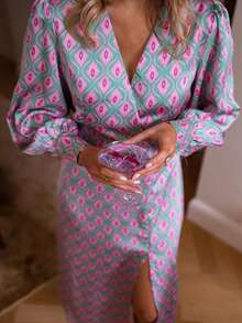 Women's Elegant Satin-Like Siamese Pattern Allover Print Long Sleeve Dress - All-Over Elegant High Slit To Thigh Front Button Closure, Suitable For Daily Dates, Parties, Vacations, Afternoon Tea, And Formal Occasions