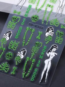 2 件 5D 浮雕发光骷髅万圣节指甲贴纸骷髅骨性感美女闪亮黑暗指甲贴花自粘浮雕美甲装饰配件适用于沙龙假日指甲 DIY 设计 - 彩色 - 查看 5