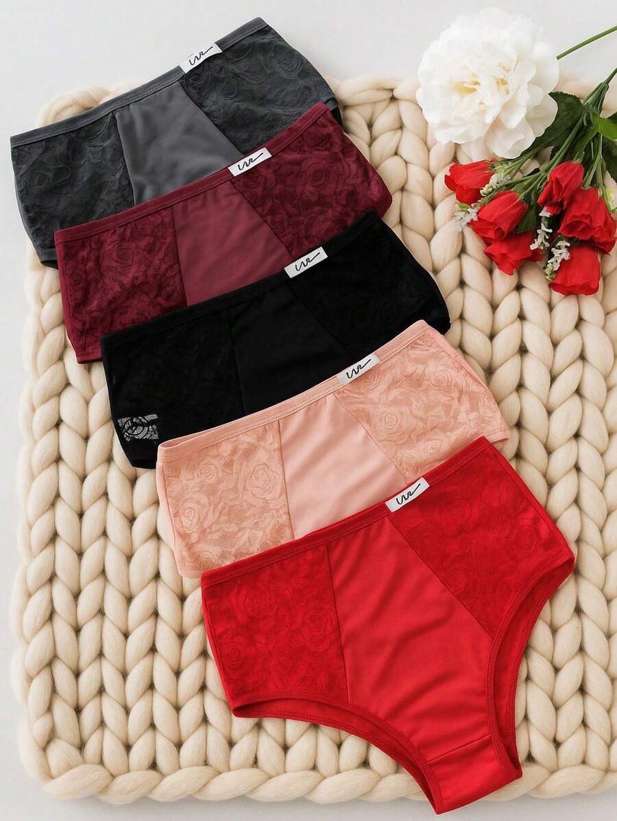Kit Of 5 Wide High Waist Panties, Beautiful Assorted Colors, Women's Lingerie Panties, Adult Lace Detail, Comfortable Cotton Lining - 彩色 - 查看 1