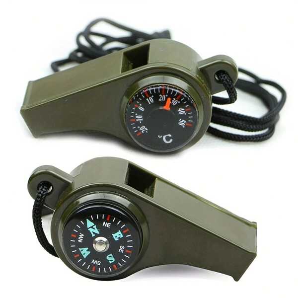 Olive Green 3-In-1 Emergency Survival Whistle With Compass, Thermometer And Lanyard - Durable PP Material, Ideal For Camping, Hiking And Outdoor Activities, Camping Accessories