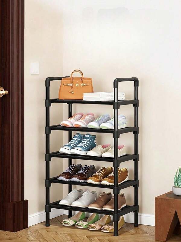 1 pieza Estantería apilable estrecha de 5 niveles, con marco de metal minimalista y estantes de plástico, organizador de almacenamiento ahorra espacio para armario, entrada, dormitorio, uso en el hogar y la cocina