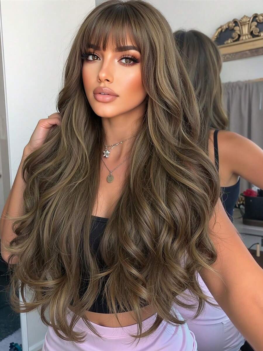 HAIRCUBE 26 Inch Long Curly Wigs With Bangs Brown Wavy Wigs For Women Synthetic Wigs For Girls Daily Party Use Black Heat Resistant Long Curly Wave Wig - Brown - View 1