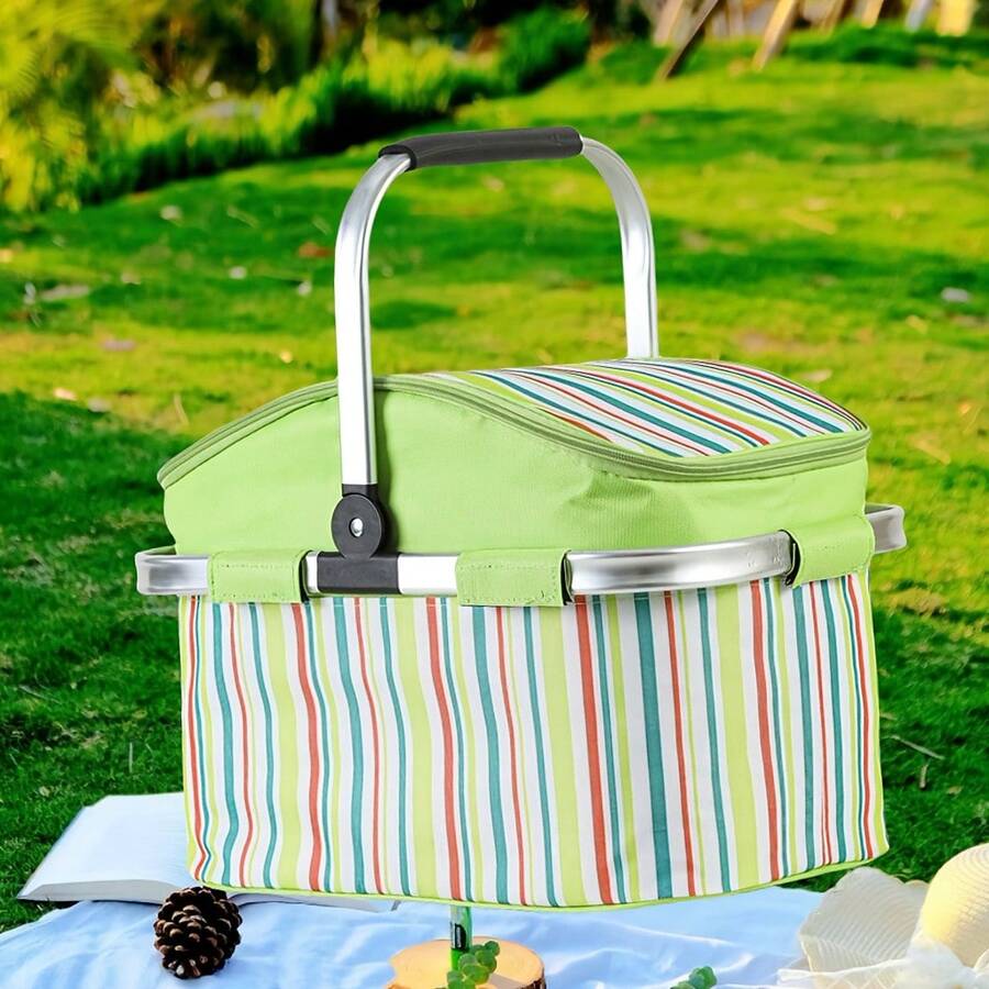 Cesta de picnic aislante de gran capacidad para exteriores, plegable y portátil, de aluminio, para transportar alimentos, ideal para camping, picnics y comida para llevar. Papel de aluminio grueso, accesorios para picnic. - Verde - Ver 1