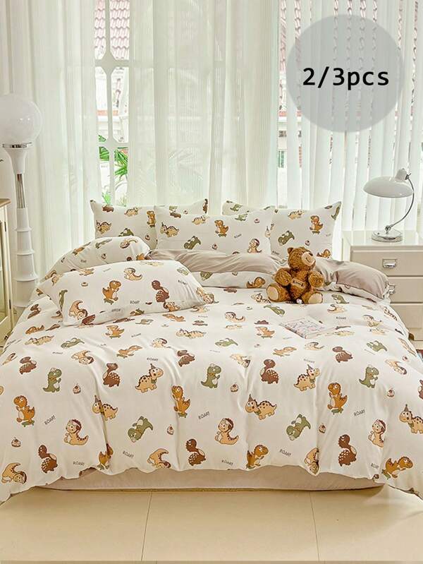2/3 pièces Ensemble de literie, Ensemble de literie à motif dinosaure multicolore, Ensemble de literie mignon de dessin animé kaki, Literie douce et confortable, Convient pour dortoir d'étudiant, chambre d'enfant, maternelle, chambre à coucher à la maison, super fibre, unisexe pour garçons et filles (comprend 1 housse de couette, 1/2 taies d'oreiller, sans rembourrage)