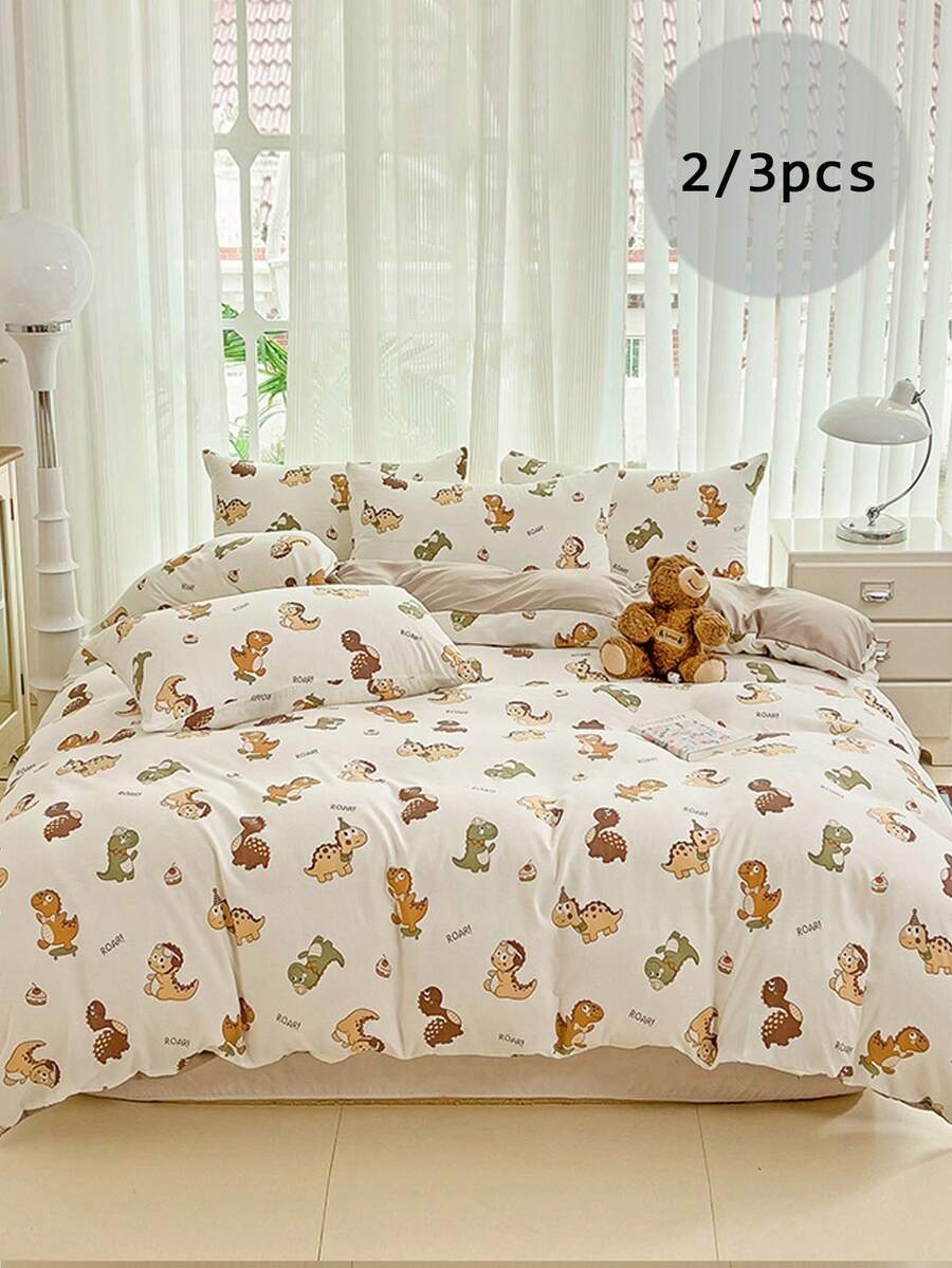 2/3pcs Bedding Set, Multicolor Dinosaur Pattern Bedding Set, Cute Cartoon Khaki Bedding Set, Soft & Comfortable Bedding, Suitable For Student Dorm, Children's Room, Kindergarten, Home Bedroom, Super Fiber, Unisex For Boys & Girls (Includes 1 Duvet Cover, 1/2 Pillowcases, No Filler) - Cool Dragon - View 1