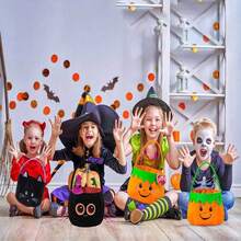 万圣节不给糖就捣蛋蝴蝶结南瓜桶、万圣节南瓜灯糖果篮猫脸蜘蛛桶、不给糖就捣蛋蝴蝶结绿叶礼品篮、篮子收纳、储物盒、万圣节派对装饰用品 - 彩色 - 查看 3