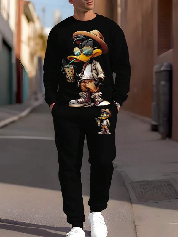 1 Conjunto de sudadera y pantalón de chándal con estampado de pato divertido para hombre, conjunto de chándal casual con estampado de dibujos animados, traje casual personalizado de manga larga para primavera/otoño