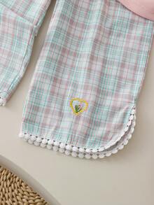 2pcs/Set Girls' Stylish 3D Floral Vest & Plaid Embroidered Capri Pants Set, Summer - Pink - View 8