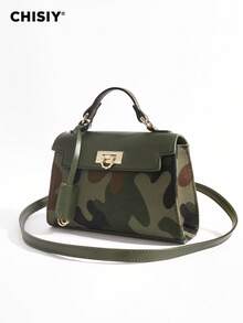 CHISIY 1pc Fashion Camouflage Avant-Garde Style Handbag, Green PU With Brown & Dark Green Color Blocking, Suitable For Business, Casual, Front Twist Lock, With Shoulder Strap, Crossbody Bag, Lightweight & Durable, Retro Charm, Elegant & Unique Style For Women, Versatile For Any Occasion