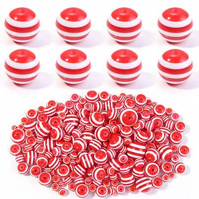 10-100 件/包树脂条纹圆珠，红色多款式散珠，时尚休闲可爱夏季彩色手工 DIY 串珠隔珠，适合制作度假手链、项链、珠宝、吊坠、装饰品、配饰，批发珠子