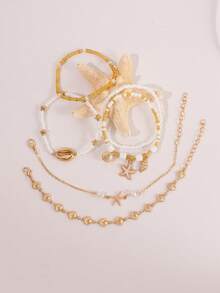6pcs/Set Bohemian Style Shell & Bead Bracelet With Starfish & Seashell Pendants For Women (Random Bead Color Combination) - Multicolor - View 2