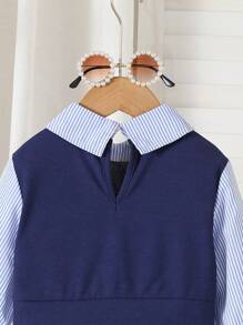 2 件套女童条纹衬衫和蝴蝶结喇叭牛仔裤套装，可爱校园风格，2025 年秋季返校季