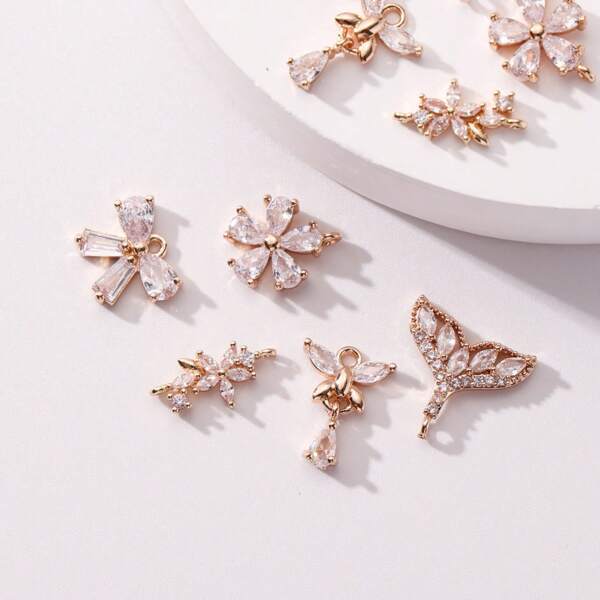 5 Pieces Copper Inlaid Zirconia Bow Flower Shape Fishtail Pendants, DIY Accessories, Suitable For Making Bracelets, Necklaces, Earrings, Keychains