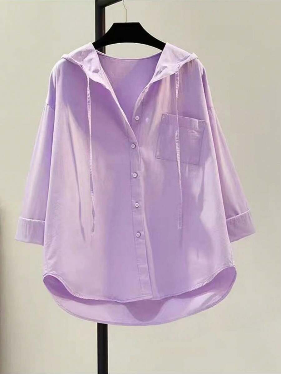 Women's Purple Long Sleeve Hooded Button-Up Shirt With Drawstring, Asymmetric Hem Design, Polyester Fabric - Purple - View 1