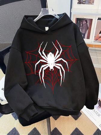 Sudadera con capucha informal con estampado de araña para adolescentes, para la temporada de primavera y otoño, de vuelta a la escuela, de compras, de viaje y de fiesta