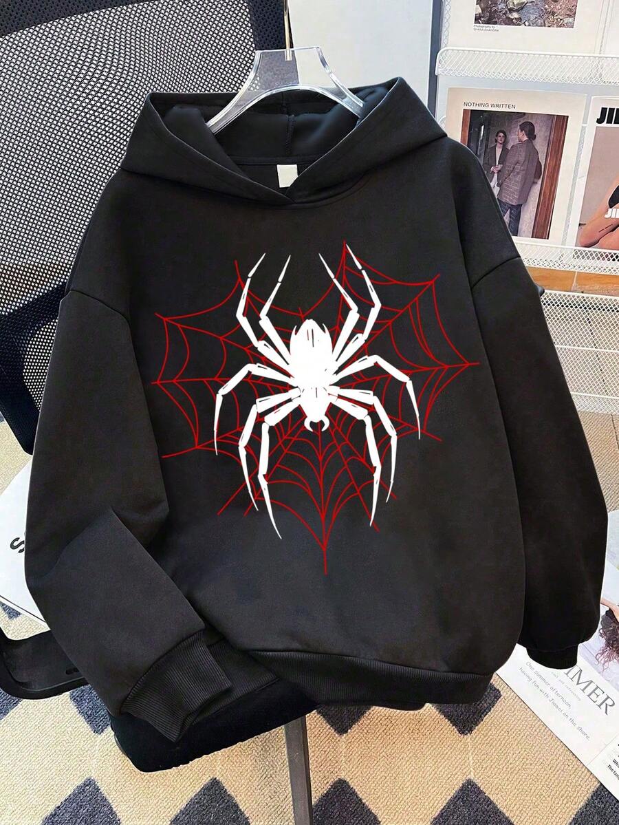 Áo nỉ trùm đầu in hình nhện cho bé trai tuổi teen dành cho mùa xuân và mùa thu, trở lại trường, mua sắm, du lịch và tiệc tùng - màu đen - Xem 1