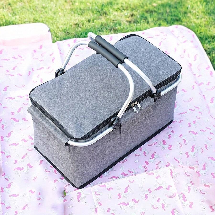 Cesta de picnic de 1 pieza, cesta de fruta para picnic al aire libre, cesta de aislamiento de aluminio portátil engrosada de gran capacidad con marco de aluminio, cesta de aislamiento multifuncional para picnic al aire libre, fiesta, viaje, cesta de aislamiento sin contacto con alimentos - Gris - Ver 1