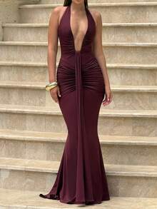 红色深V领露背紧身派对夜店连衣裙，优雅独特的冬季圣诞礼服，适合婚礼和春季穿着。 - 酒紅色 - 查看 5
