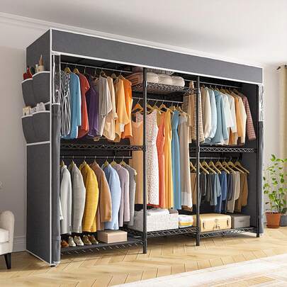 EnHomee 900LB Five Column Space Wardrobe With Dust Cover Wardrobe,Adjustable Heavy Duty Roller Hanger For Home And Boutique Garment Storage,Black