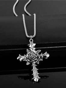 1pc European & American Classic Versatile Fashion Hip-Hop Rose Cross Gothic Style Pendant Necklace, Long Personalized Design For Men - Cross - View 2