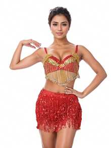 Conjunto de sujetador de danza del vientre con lentejuelas brillantes y cadena de cintura con flecos para mujer, disfraz de carnaval - Multicolor - Ver 17