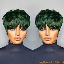 Brazilian Human Hair Pixie Wig - Glueless Short Layered Green Wig With Bangs For Women, Straight Cut, 150% Density, Versatile Style For All Ethnicities, Hair Wig - 綠色 - 查看 4