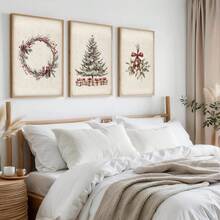 Zestaw 1/3 szt. Nieoprawionego, zabytkowego wieńca świątecznego z sosną, rustykalny plakat na ścianę do świątecznego festiwalu, wydruk na płótnie, minimalistyczny wystrój wiejskiego domu, rustykalny, zimowy, świąteczny, retro obraz do mieszkania, salonu, sypialni, nowoczesnej dekoracji domu