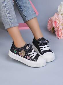 1 par de zapatillas de moda para niñas, zapatos casuales con decoración de personajes de dibujos animados y mariposas, con cordones lindos, adecuados para niñas pequeñas y niñas de uso en exteriores, para todas las estaciones
