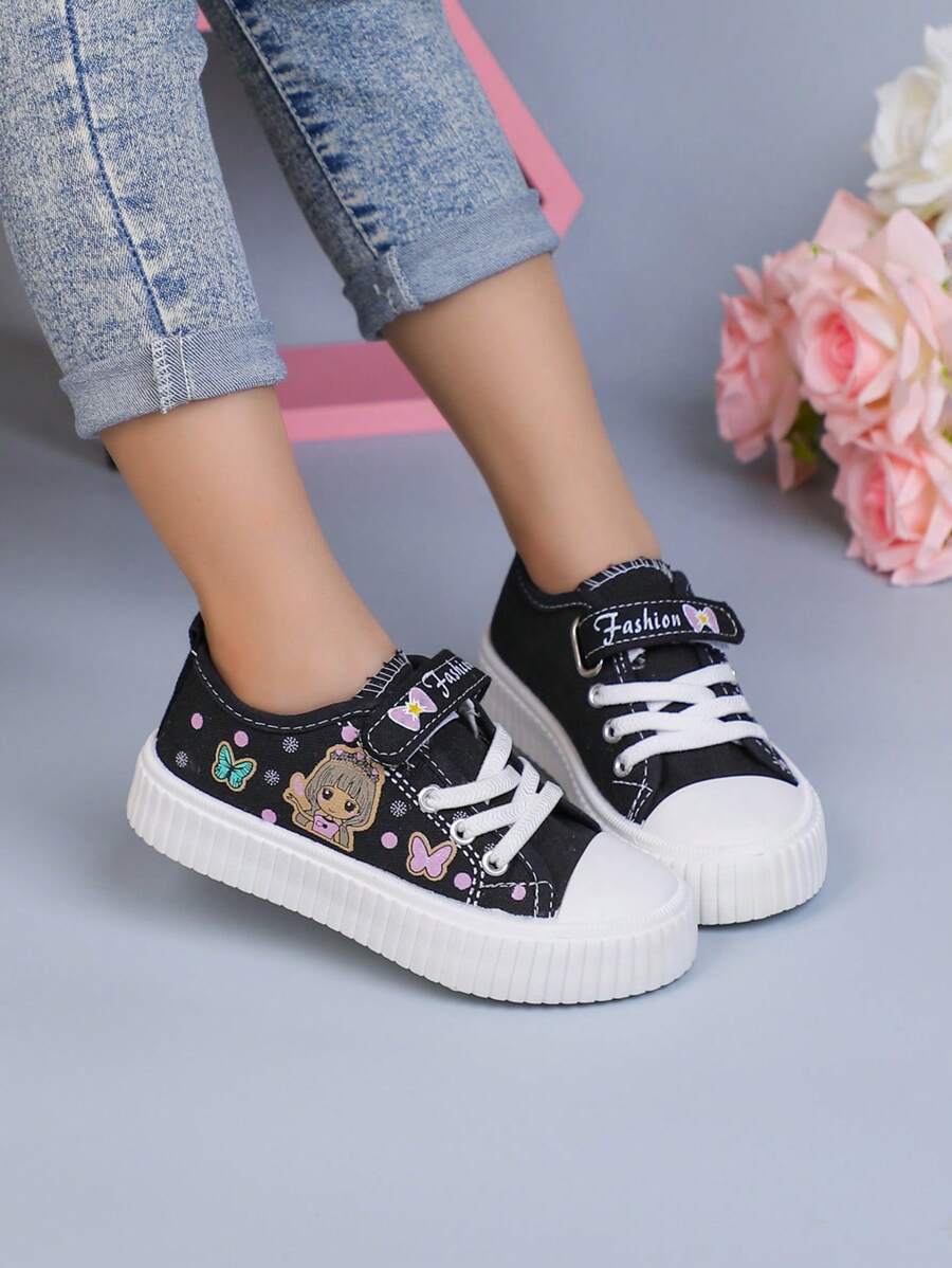 1 par de zapatillas de moda para niñas, zapatos casuales con decoración de personajes de dibujos animados y mariposas, con cordones lindos, adecuados para niñas pequeñas y niñas de uso en exteriores, para todas las estaciones