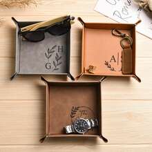 Personalized Leather Tray, Versatile Tray, Home Decor Souvenir, Anniversary Gift, Gift For Dad, Handmade Leather Anniversary Tray, Customized Tray For Dad, Father's Day Gift, Men's Gift, Personalized Leather Catchall Tray, Storage Desk Tray, Riveted Catchall Tray, Engraved With Initial - Multicolor - View 15