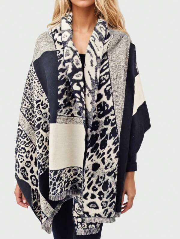 1 Stück Mode Leopard Block Jacquard Strickjacken Schal, künstlerischer großkarierter Schal Poncho für Frauen, groß & weich & warm umkehrbarer Umhang für Winter/Herbst, Luxus Neuheiten Design Geschenk, elegantes Accessoire & vielseitiger Umhang für den täglichen Gebrauch, Pendeln, Reisen, Hochzeit