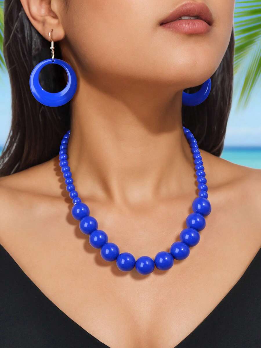 3 Pcs Bohemian Vacation Eye-Catching Jewelry Set Plastic Beads Collar Necklace And Circle Dangle Earrings Exaggerated Jewelry Set - Royal Blue - View 1