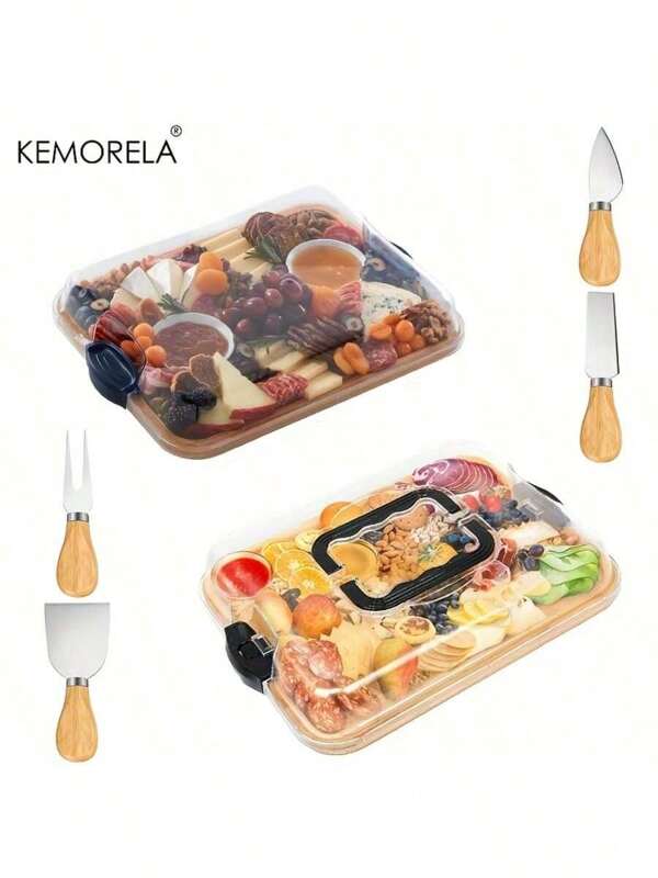 KEMORELA KEMORELA Plateau de charcuterie portable avec couvercle - Planche à découper en bambou et plateau à fromage - Livré avec 4 outils à fromage - Idéal pour les voyages, les pique-niques et les cadeaux - Disponible avec ou sans poignée
