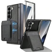 VIETAO Funda protectora de teléfono de piel sintética con ranura para 4 tarjetas desmontable magnética, compatible con Samsung Galaxy Z Fold 7 6 5 4 3, con protector de pantalla de vidrio templado y cubierta de teléfono chapada