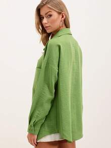 Camisa básica oversize, camisa casual de botones de un solo color con bolsillo delantero - Verde Oliva - Ver 3