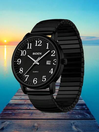 BIDEN Retro Fashion Wrist Watch, Unisex, Quartz Analog, Suitable For Middle-Aged And Elderly, Large Arabic Numeral Dial, Auto Date Display, Waterproof, Elastic Adjustable Strap